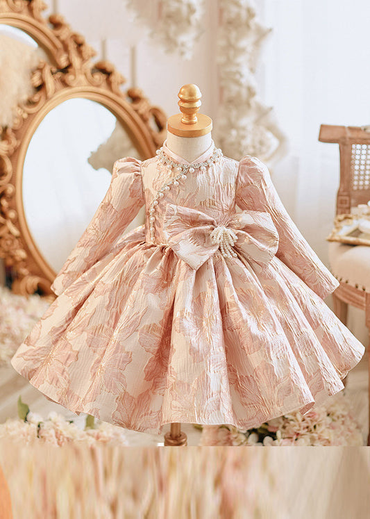 Unique Pink Bow Patchwork Pearl Thick Girls Maxi Dress Puff Sleeve RP038