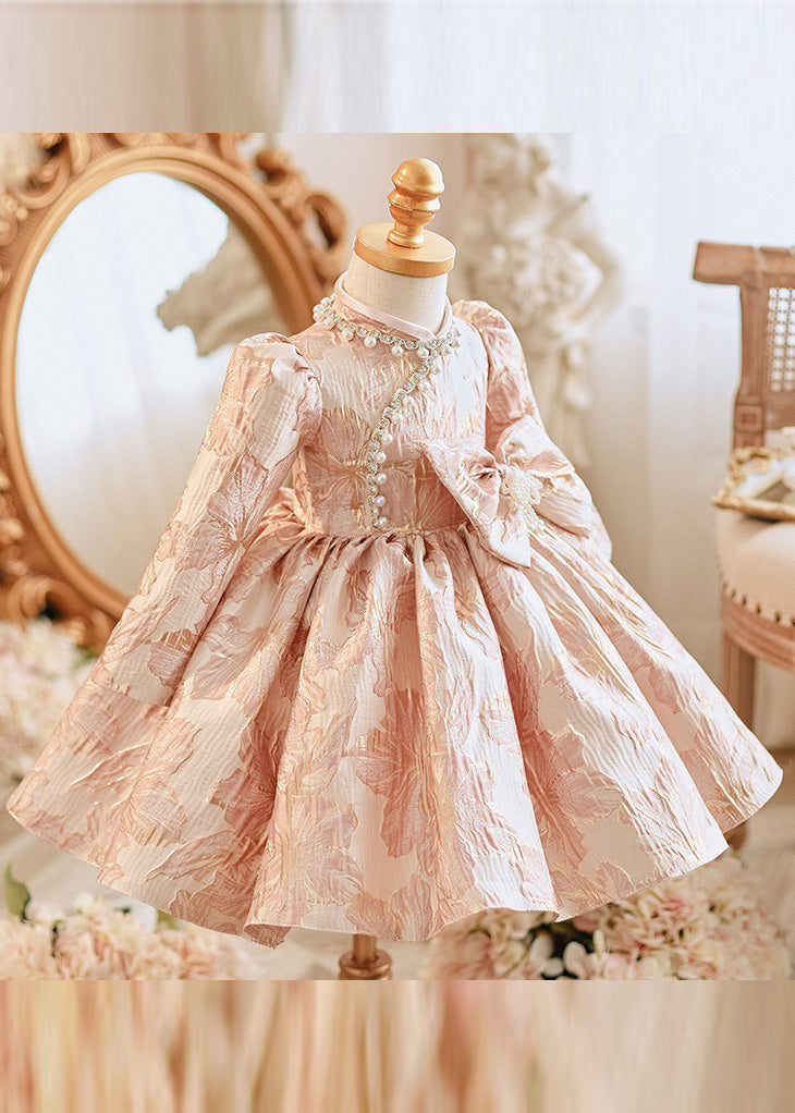 Unique Pink Bow Patchwork Pearl Thick Girls Maxi Dress Puff Sleeve RP038