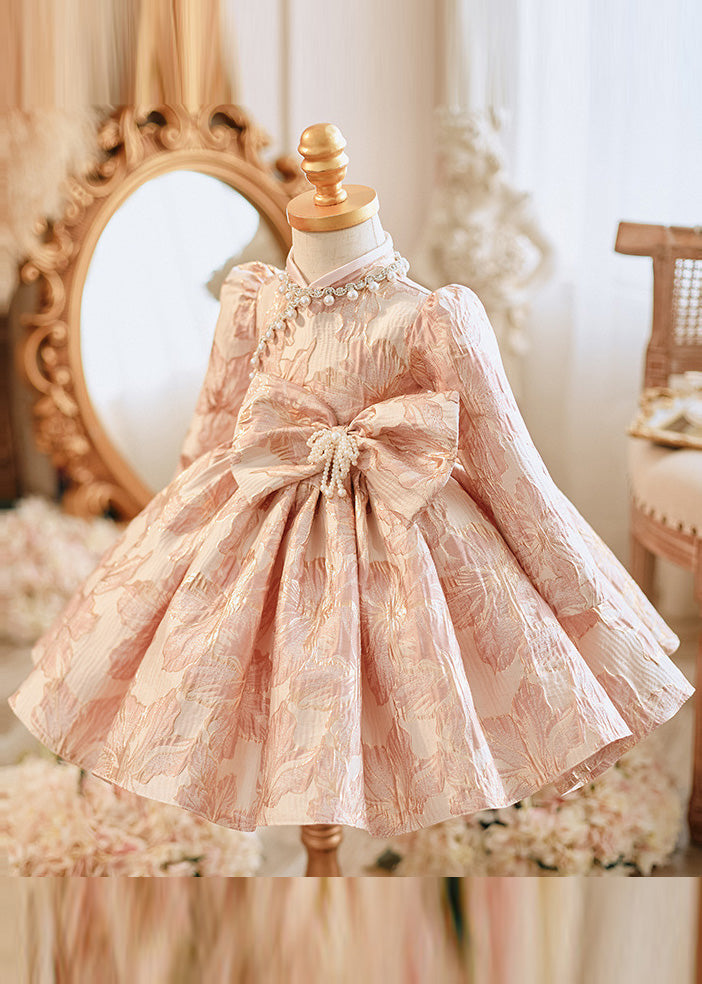 Unique Pink Bow Patchwork Pearl Thick Girls Maxi Dress Puff Sleeve RP038