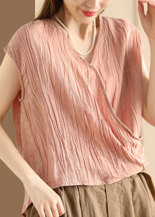 Unique Pink V Neck Wrinkled Cotton T Shirt Summer QK023