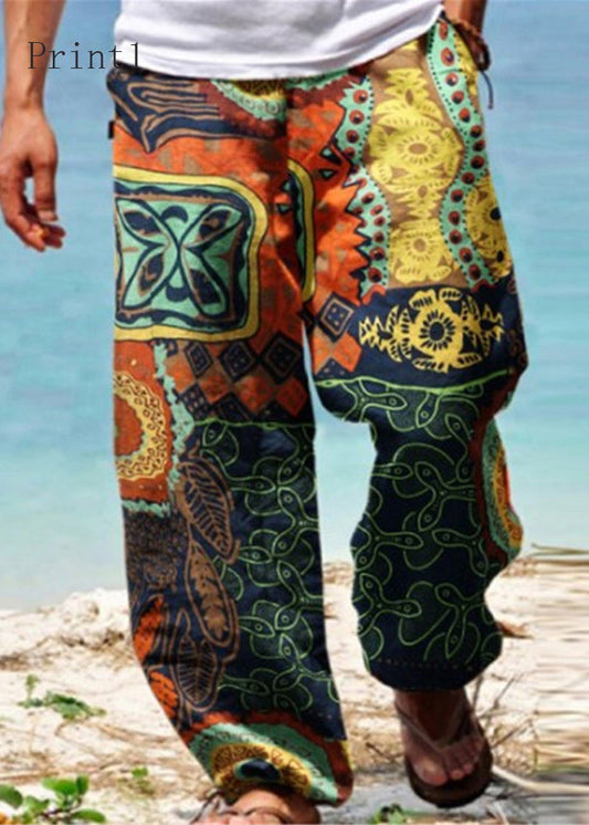 Men Pants Elastic Pockets Print Summer Unique Waist Cotton