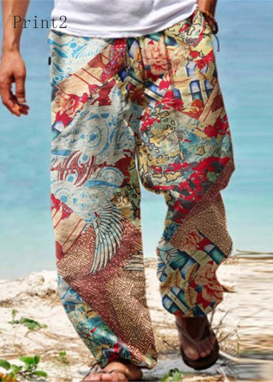 Men Pants Elastic Pockets Print Summer Unique Waist Cotton