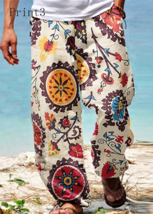 Men Pants Elastic Pockets Print Summer Unique Waist Cotton