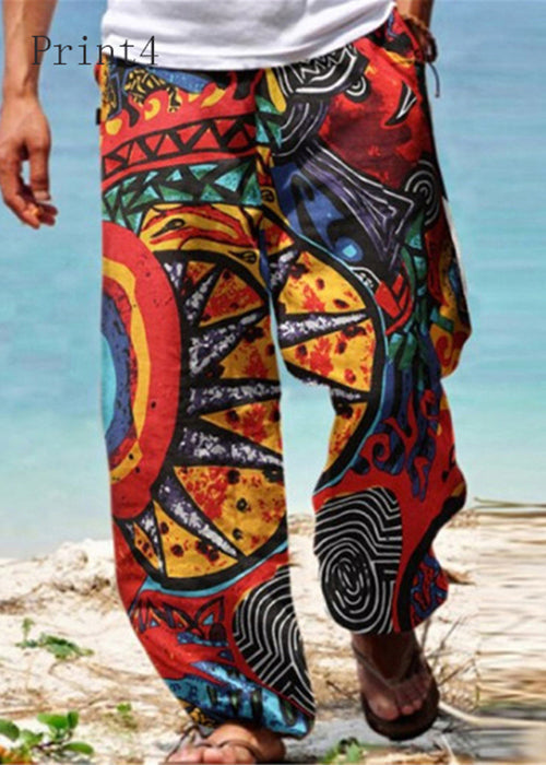 Men Pants Elastic Pockets Print Summer Unique Waist Cotton