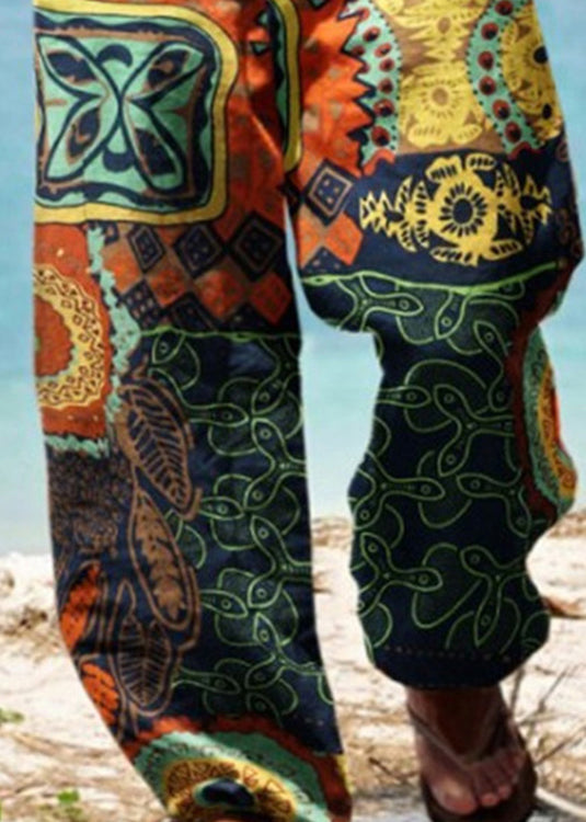 Men Pants Elastic Pockets Print Summer Unique Waist Cotton