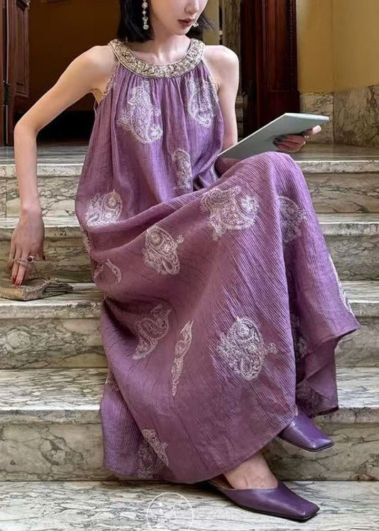 Patchwork Purple Silk Long Embroidered Sleeveless Unique Dress