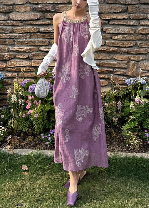 Patchwork Purple Silk Long Embroidered Sleeveless Unique Dress