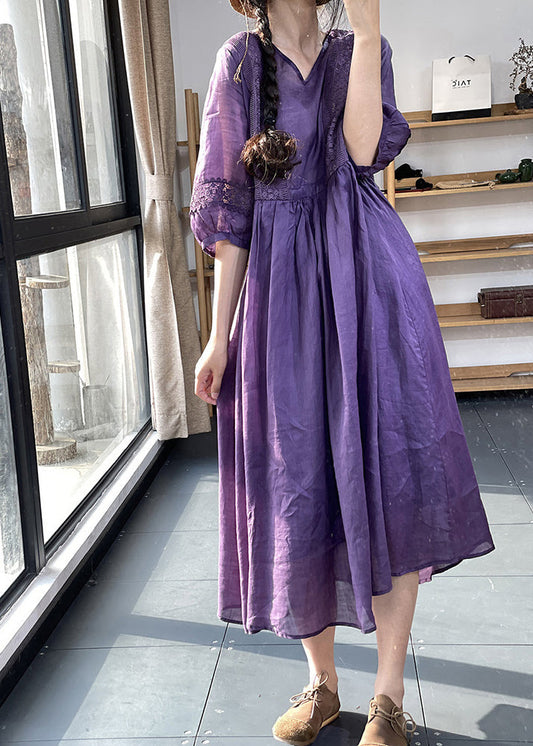 Robe en coton patchwork à poches en dentelle et col en V violet unique pour l'été OO038