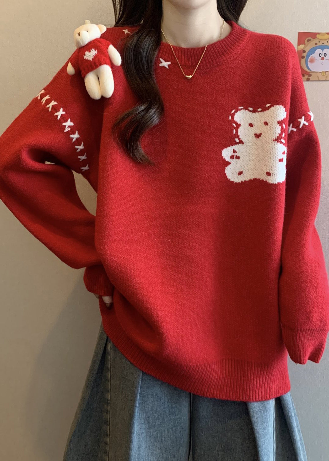 Unique Red O Neck Cartoon Patchwork Knitted Sweaters Winter RG042