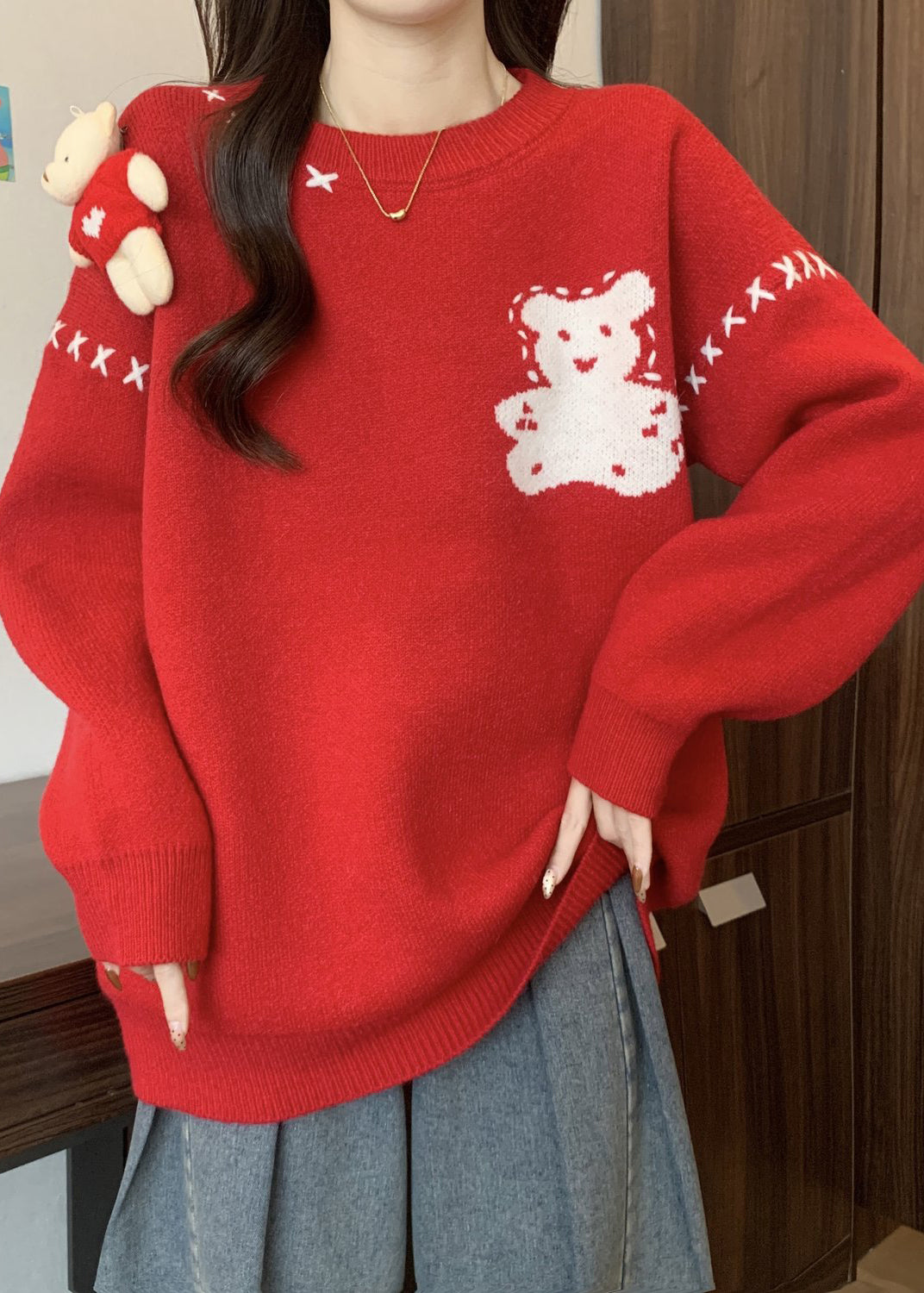 Unique Red O Neck Cartoon Patchwork Knitted Sweaters Winter RG042