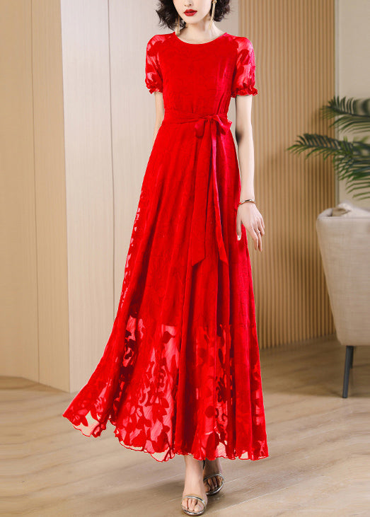 Up Print Unique Red Summer Lace O Neck Dress Chiffon