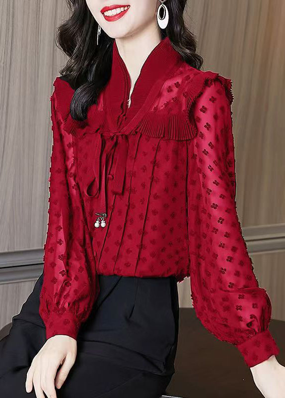 Unique Red Ruffled Jacquard Chiffon Shirts Lantern Sleeve RL031