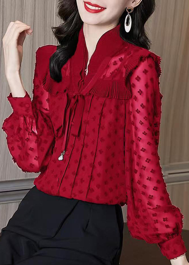 Unique Red Ruffled Jacquard Chiffon Shirts Lantern Sleeve RL031