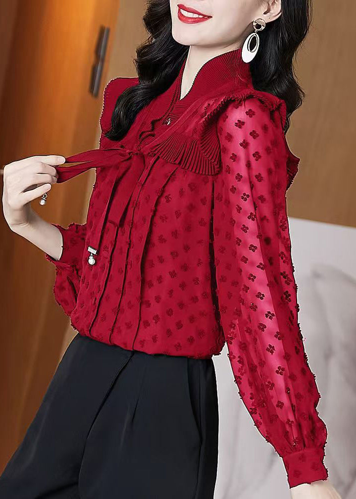 Unique Red Ruffled Jacquard Chiffon Shirts Lantern Sleeve RL031