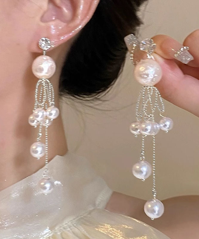 Unique Silver Sterling Drop Silk Tassel Earrings Pearl