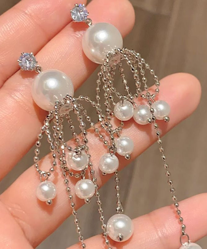 Unique Silver Sterling Drop Silk Tassel Earrings Pearl