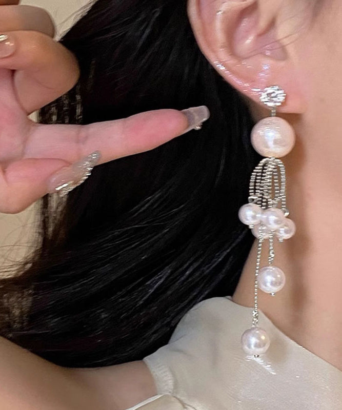 Unique Silver Sterling Drop Silk Tassel Earrings Pearl