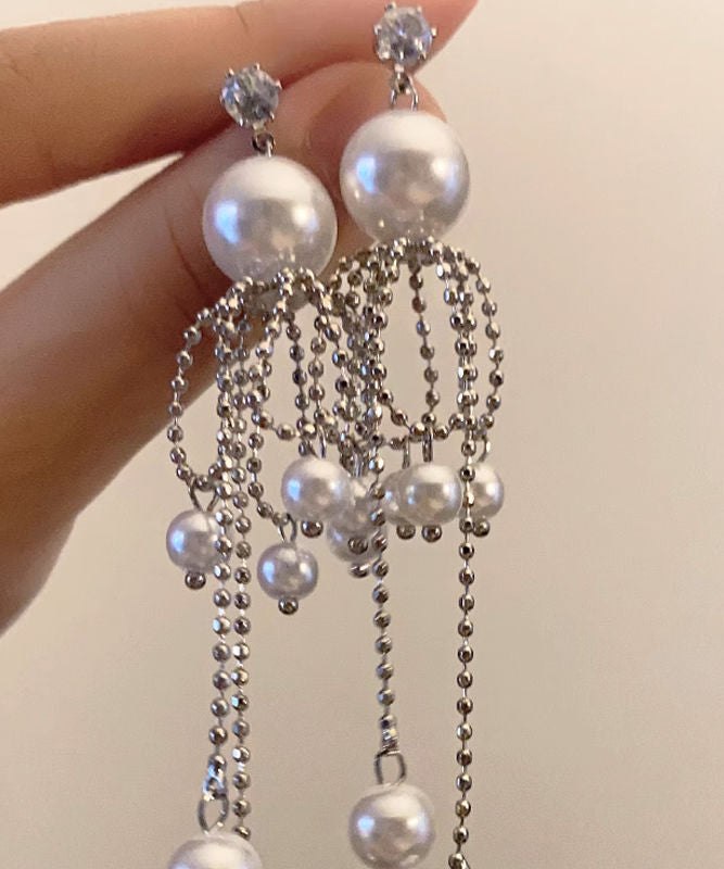 Unique Silver Sterling Drop Silk Tassel Earrings Pearl
