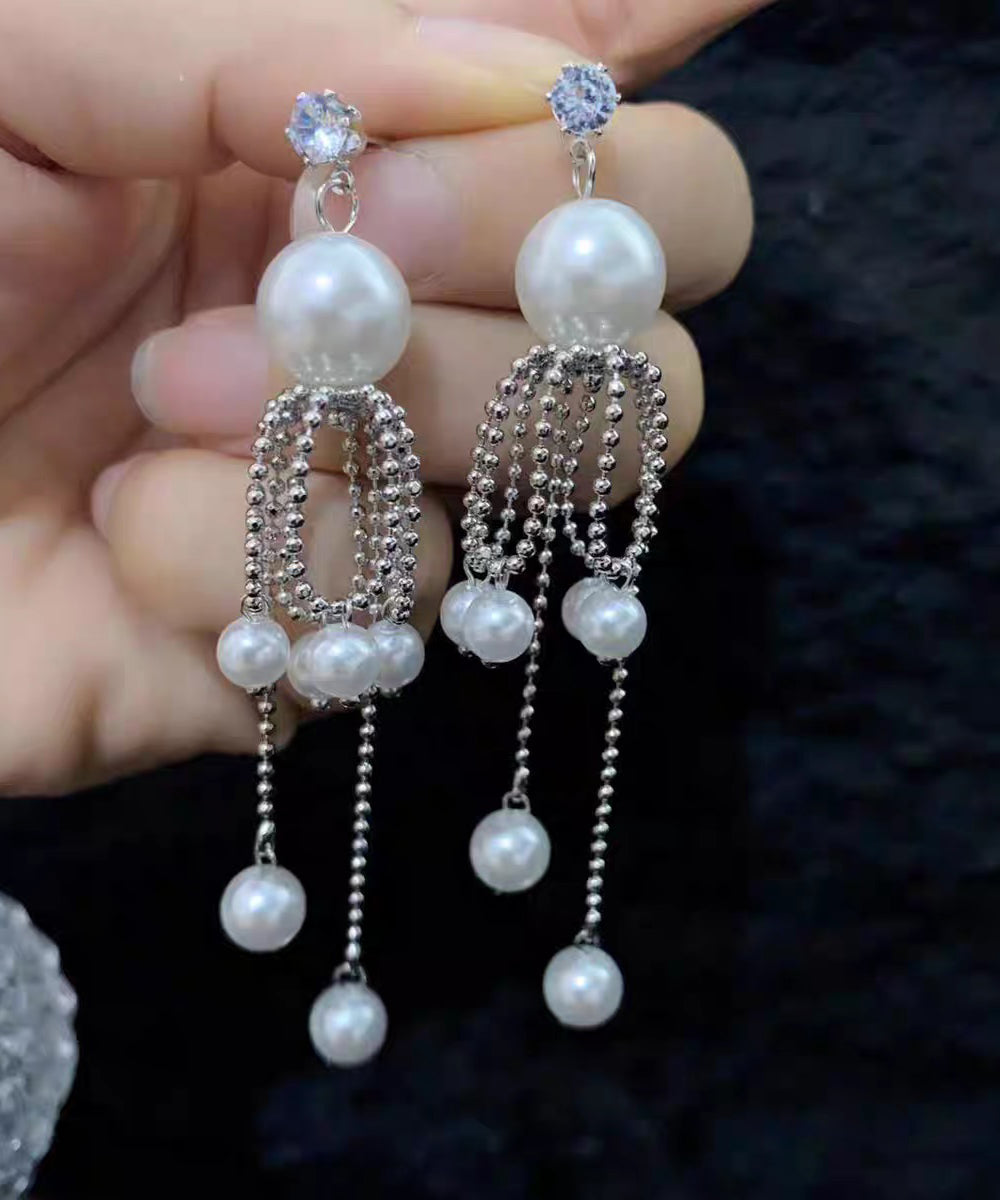 Unique Silver Sterling Drop Silk Tassel Earrings Pearl