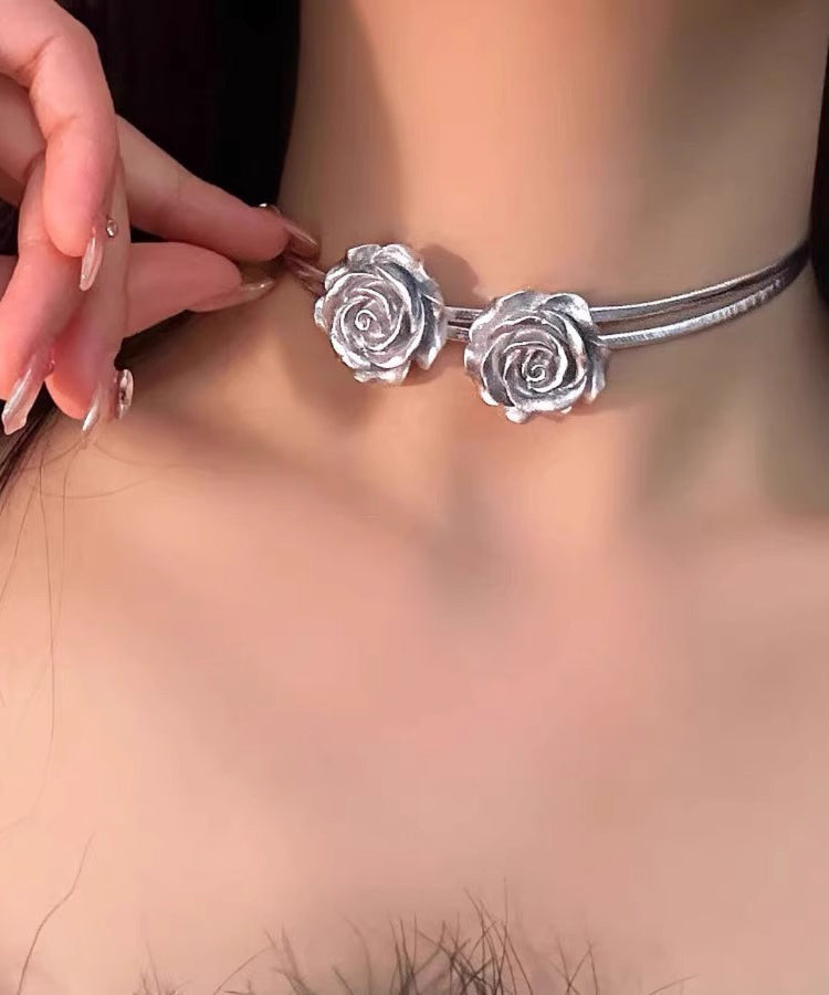 Collier ras du cou en argent sterling et soie à deux couches avec pendentif rose unique PO060