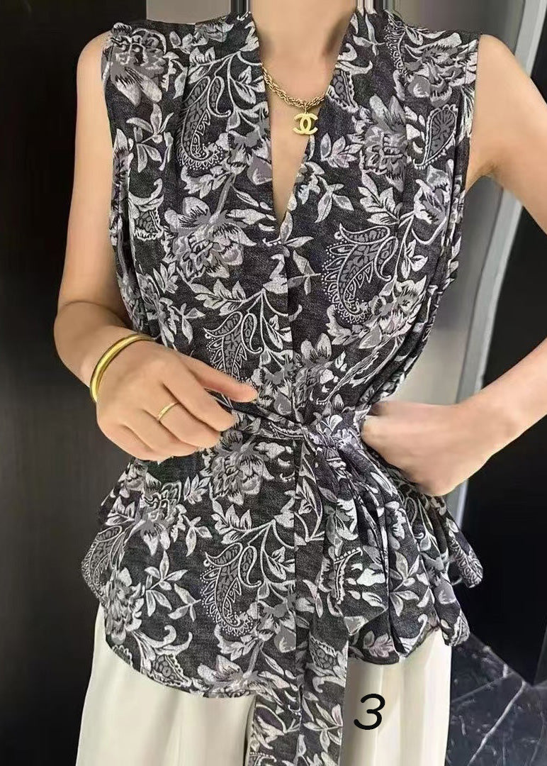 Print Tie Sleeveless Vest Spandex Unique Waist