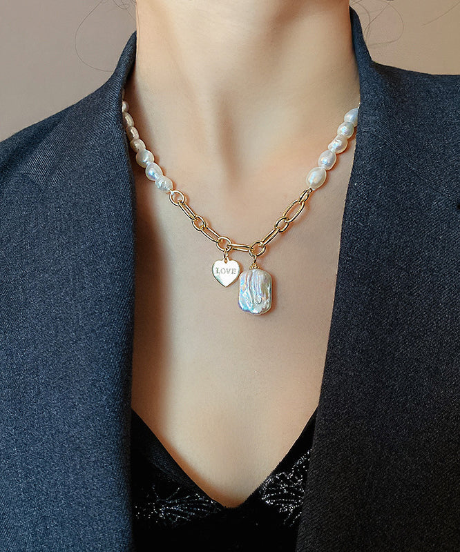 Unique Asymmetrical White Pendant Pearl Overgild Copper Necklace
