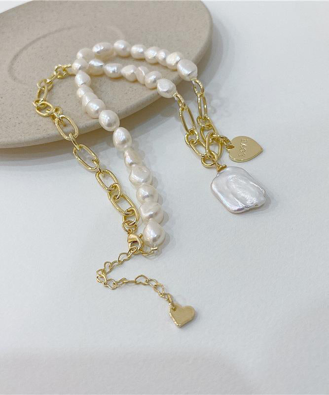 Unique Asymmetrical White Pendant Pearl Overgild Copper Necklace