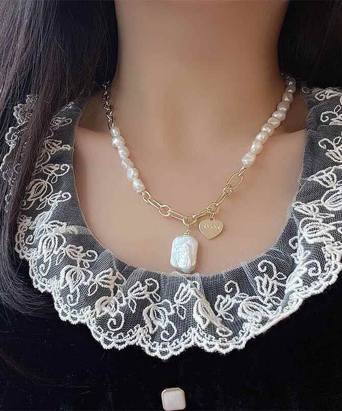 Unique Asymmetrical White Pendant Pearl Overgild Copper Necklace