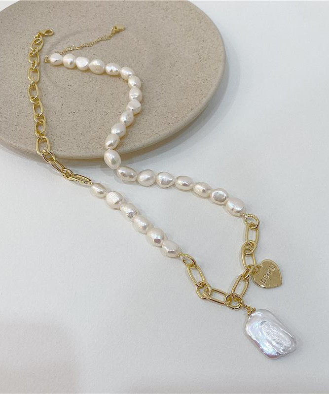 Unique Asymmetrical White Pendant Pearl Overgild Copper Necklace