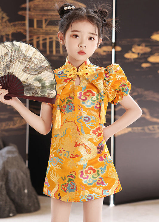 Baby Unique Collar Stand Print Girls Yellow Mid Summer Dresses