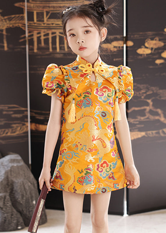 Baby Unique Collar Stand Print Girls Yellow Mid Summer Dresses