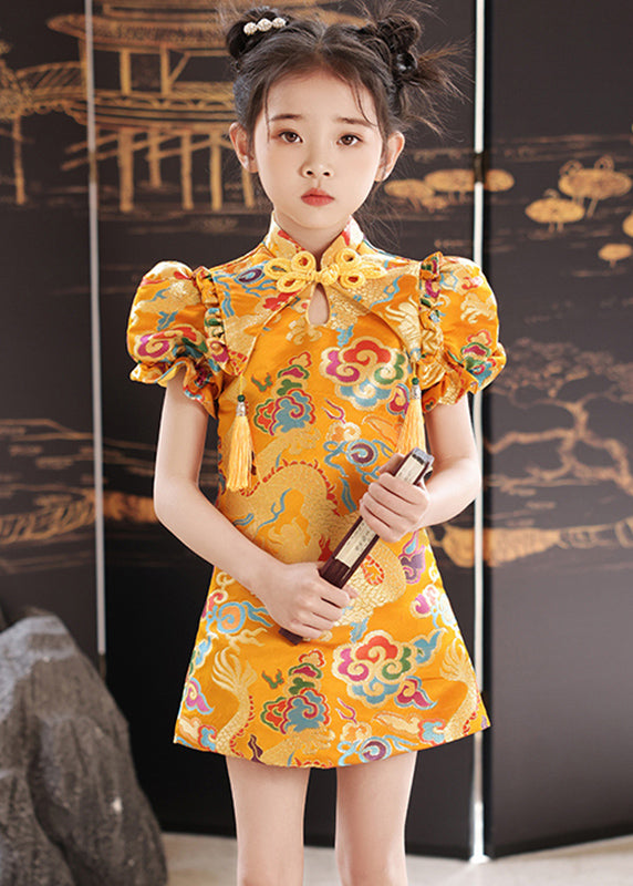 Baby Unique Collar Stand Print Girls Yellow Mid Summer Dresses