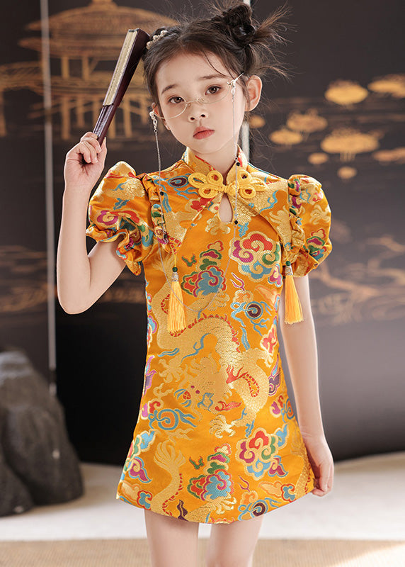 Baby Unique Collar Stand Print Girls Yellow Mid Summer Dresses