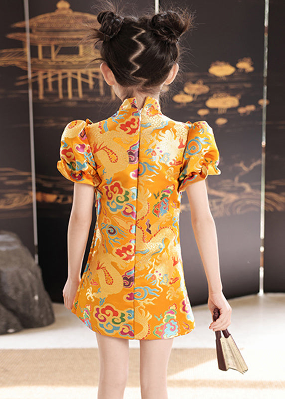 Baby Unique Collar Stand Print Girls Yellow Mid Summer Dresses