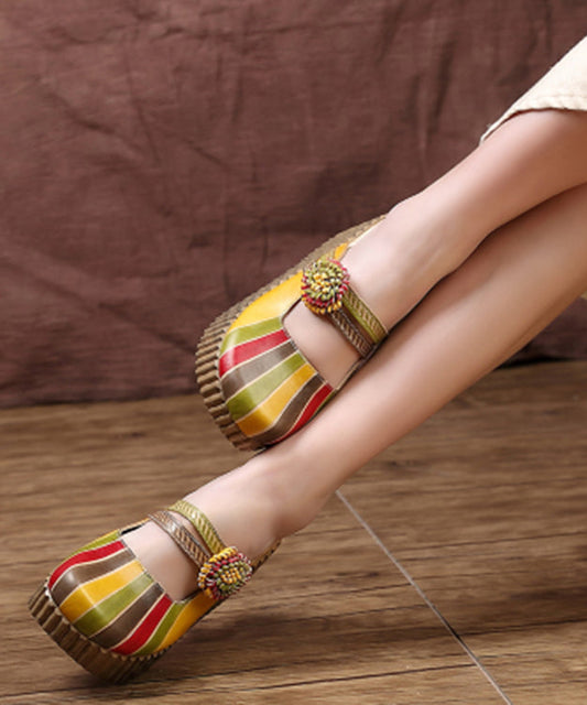 Unique Yellow Stripe Cowhide Leather Splicing Wedge Slide Sandals SL1029