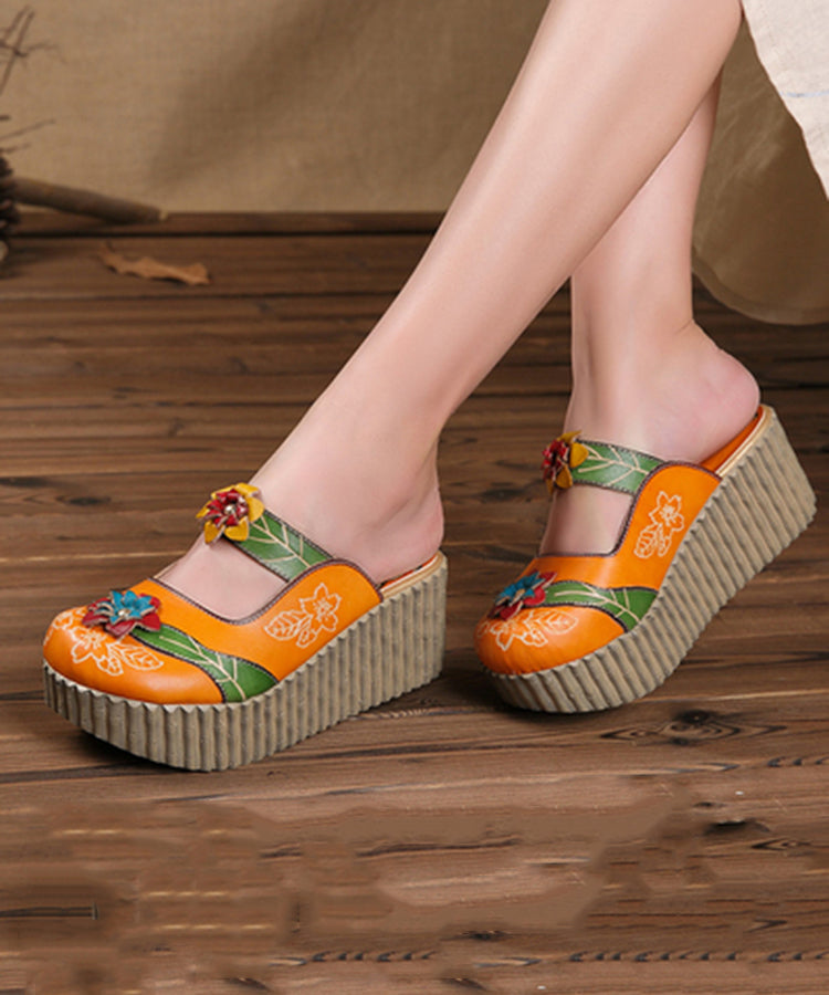 Unique Yellow Stripe Cowhide Leather Splicing Wedge Slide Sandals SL1029