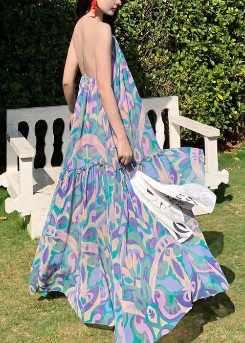 Robe longue dos nu à imprimé bleu style vacances avec grand ourlet pour l'été EE1021