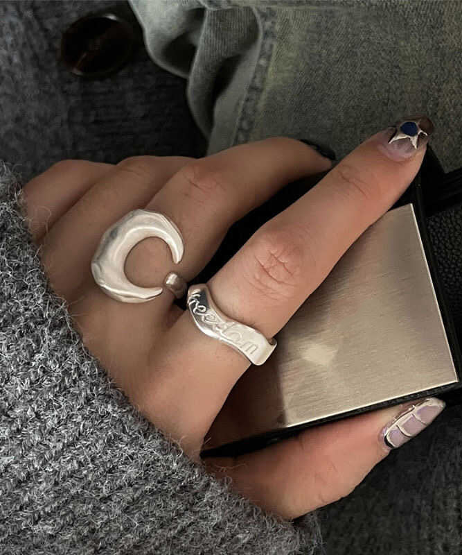 Two Piece Vintage Set Graphic Moon Silver Rings 925