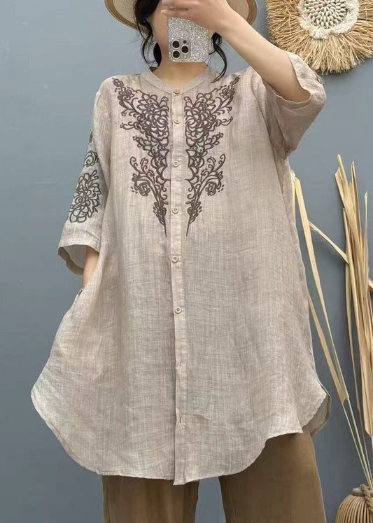 Long Summer Embroidered Vintage Linen Shirt Apricot