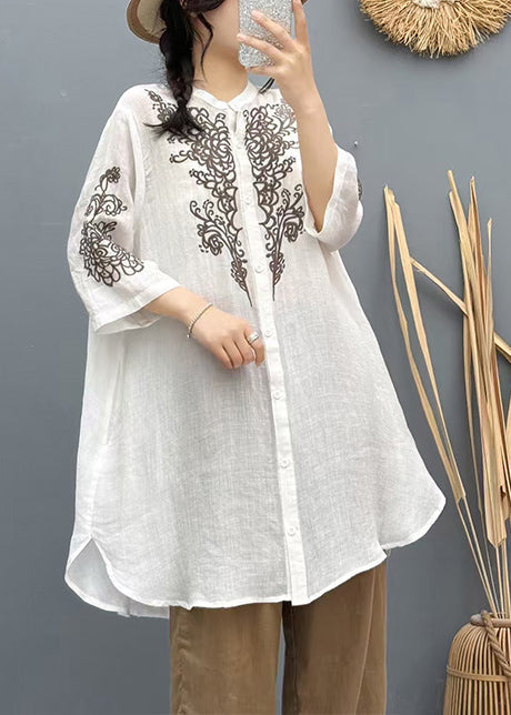Long Summer Embroidered Vintage Linen Shirt Apricot