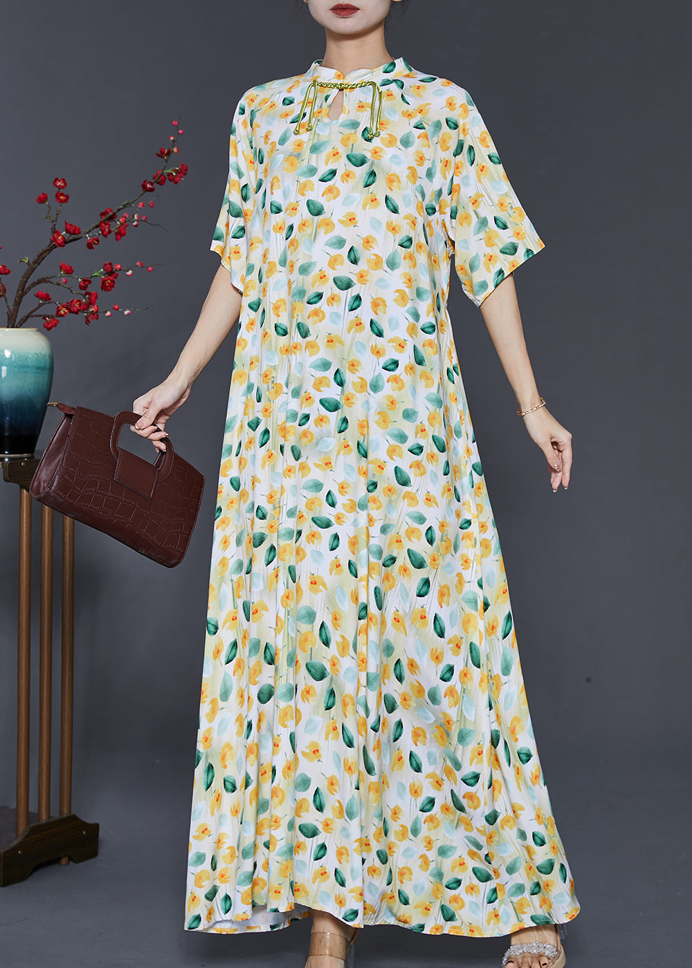 Vintage Apricot Tasseled Print Cotton Dress Summer SD1018