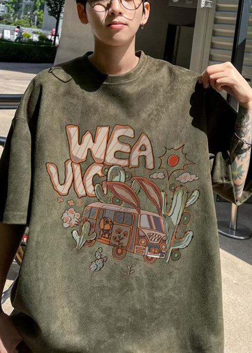 O Print Suede Shirt Vintage T Faux Green Neck Men Army Half