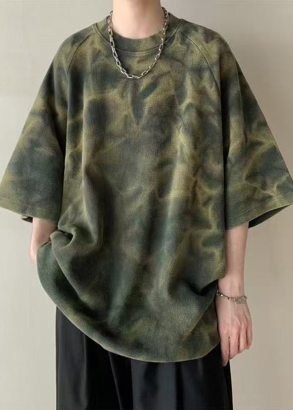 Cotton Mens Dye Shirt Army Sleeve T O-Neck Half Vintage Green Tie