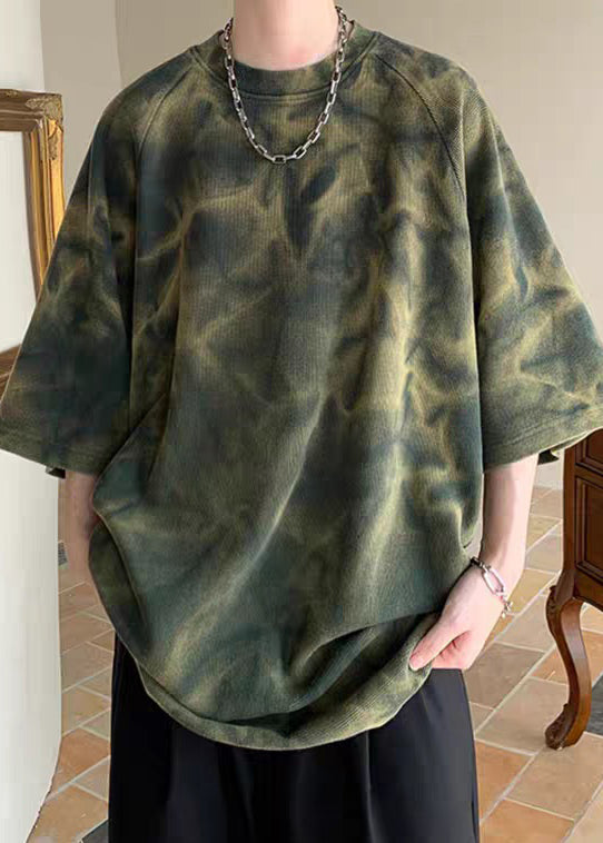 Cotton Mens Dye Shirt Army Sleeve T O-Neck Half Vintage Green Tie