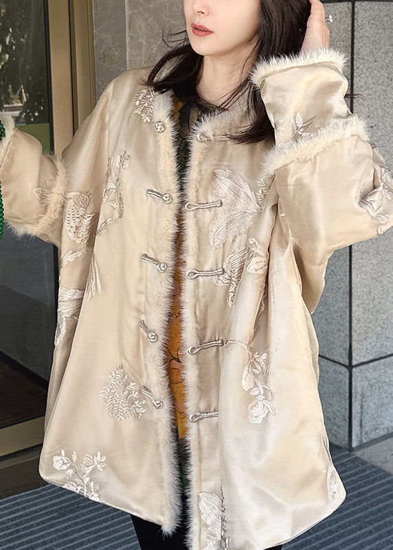 Vintage Beige Embroidered Mink Hair Patchwork Fine Cotton Filled Coat Winter RF002