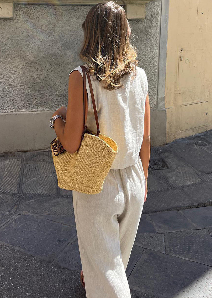 And Pants Wide Leg Set Vests Vintage Two-Piece Beige Linen