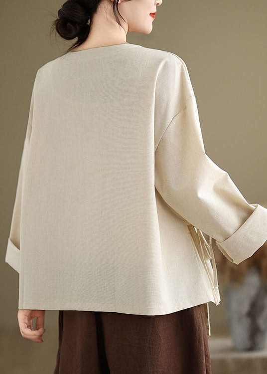 Vintage Beige O Neck Lace Up Patchwork Cotton Blouse Top Spring TJ010