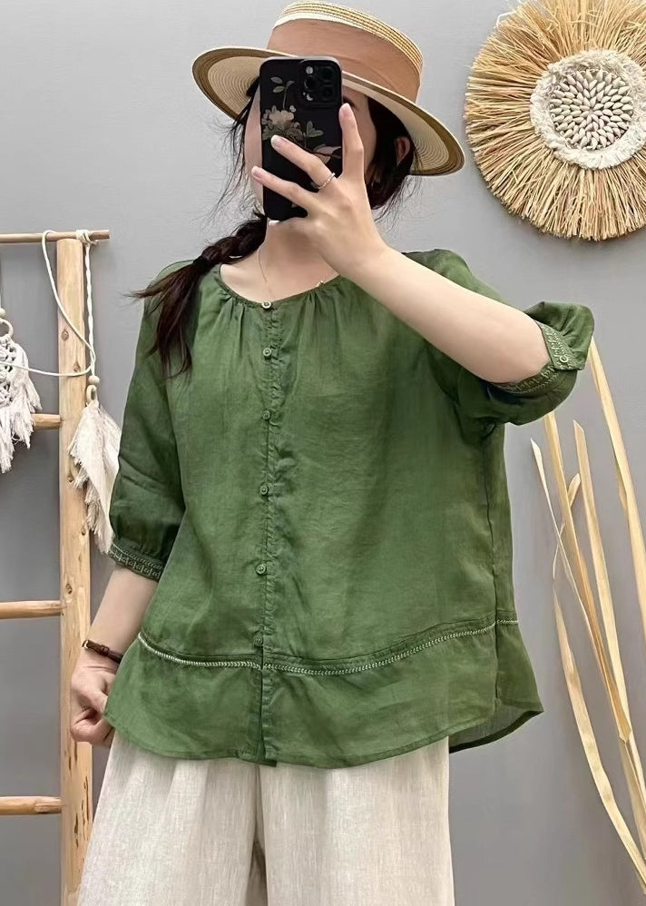 Patchwork Summer O-Neck Top Beige Cotton Shirt Vintage