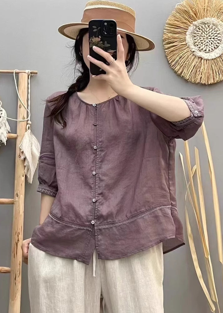 Patchwork Summer O-Neck Top Beige Cotton Shirt Vintage