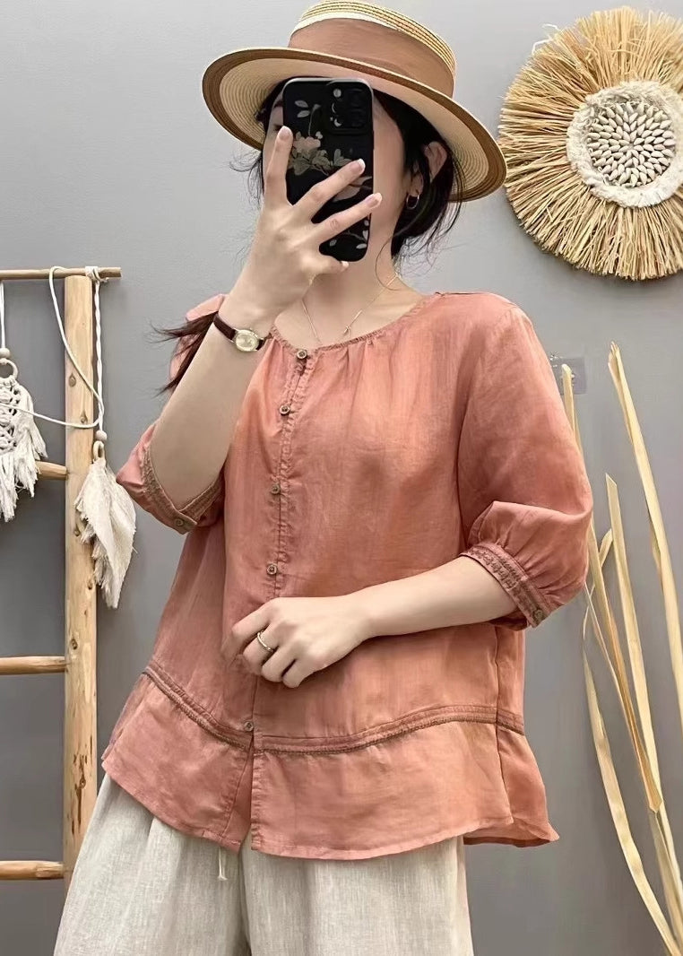 Patchwork Summer O-Neck Top Beige Cotton Shirt Vintage